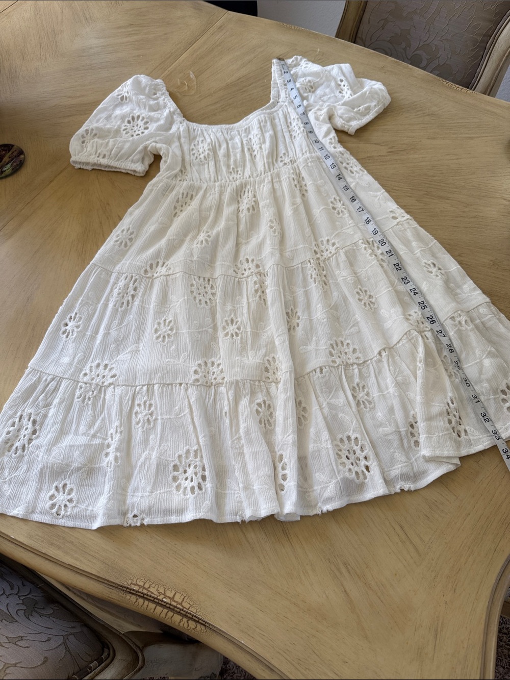 White Eyelet Tiered Dress with Puff Sleeves. Size M but fits like a Small. NWOT